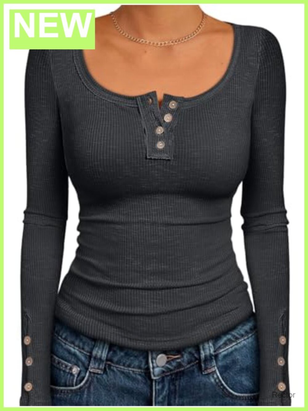 Long Sleeve Henley Ribbed Knit Top Button Cuff Women's Fall Winter